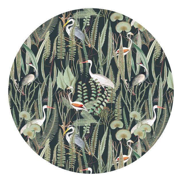 Self-adhesive round wallpaper - Flamingos And Storks With Plants On Green