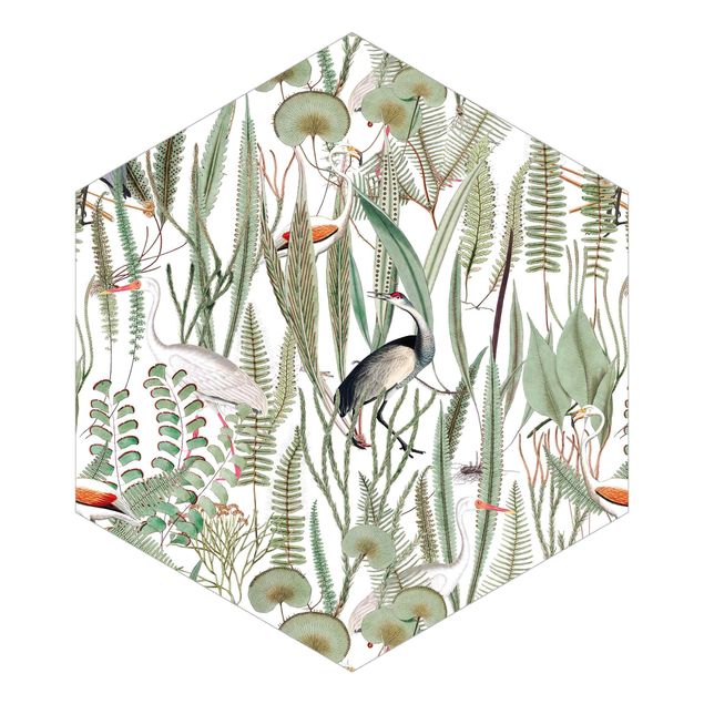 Self-adhesive hexagonal pattern wallpaper - Flamingos And Storks With Plants