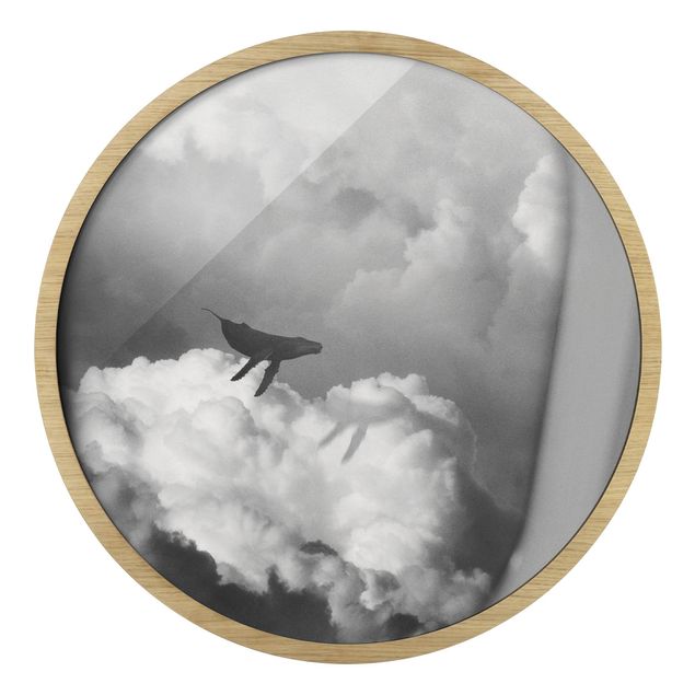 Circular framed print - Flying Whale Up In The Clouds