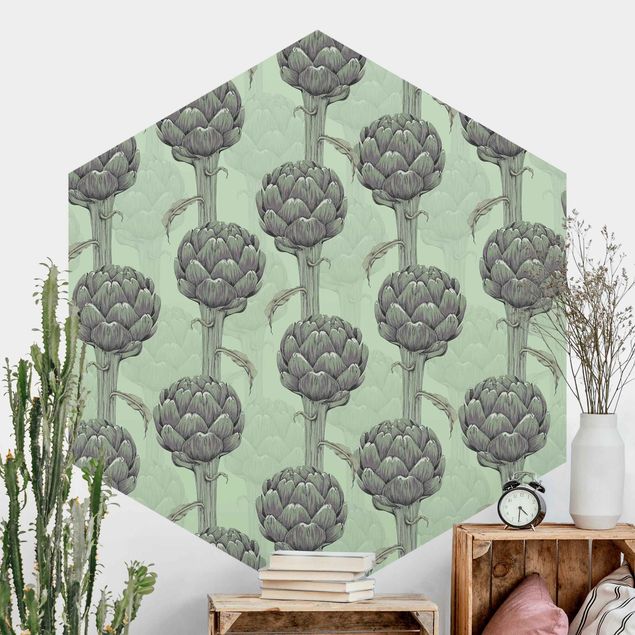 Hexagonal wall mural Floral Elegance Artichoke With Gradient Green XXl
