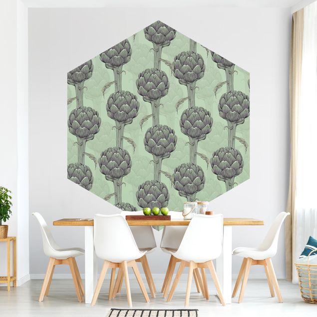 Self-adhesive hexagonal pattern wallpaper - Floral Elegance Artichoke With Gradient Green XXl