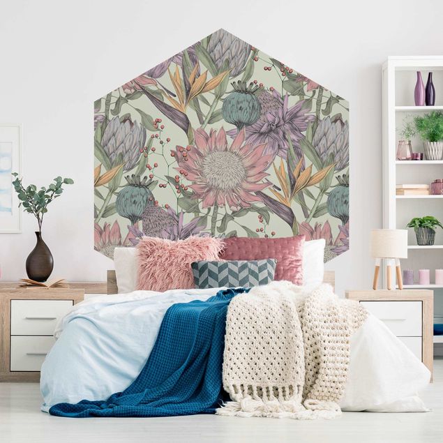 Self-adhesive hexagonal pattern wallpaper - Floral Elegance In Pastel On Mint Backdrop XXL