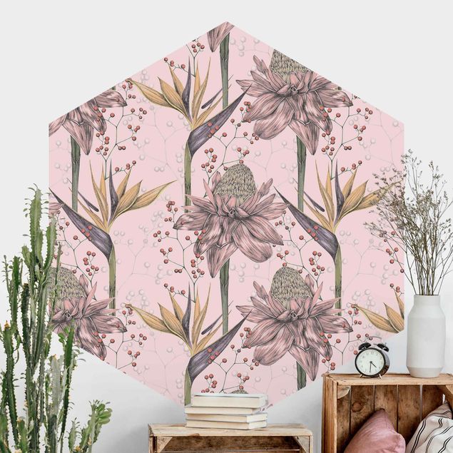 Hexagonal wall mural Floral Elegance Vintage Strelitzia On Pink Backdrop XXL