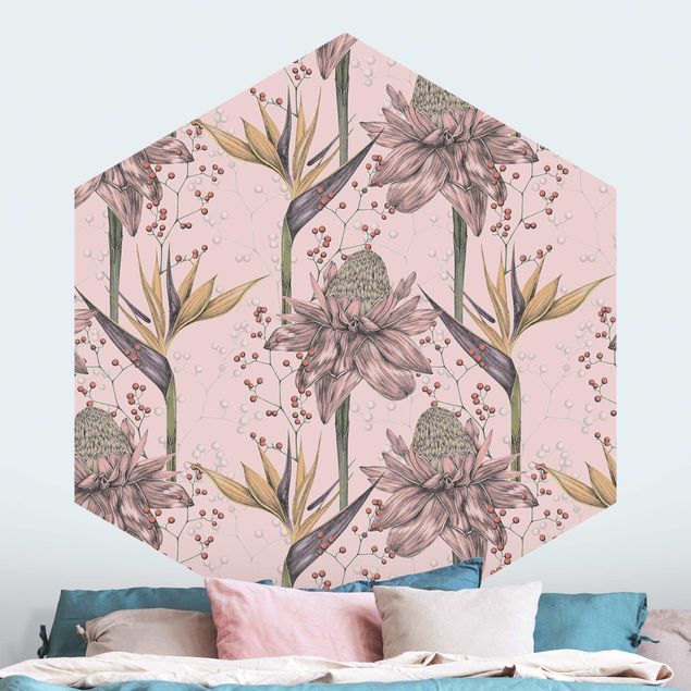 Wallpapers Floral Elegance Vintage Strelitzia On Pink Backdrop XXL