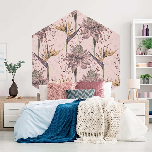 Self-adhesive hexagonal pattern wallpaper - Floral Elegance Vintage Strelitzia On Pink Backdrop XXL