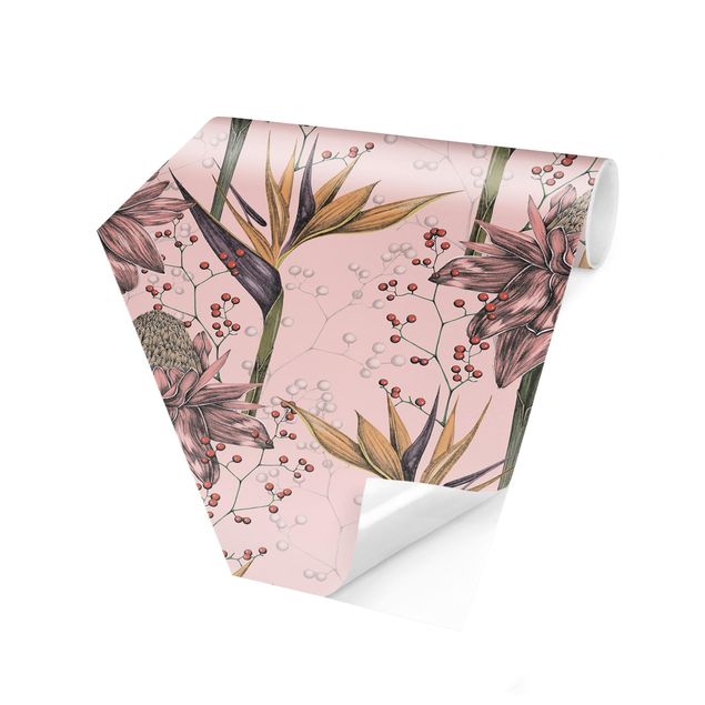 Self-adhesive hexagonal pattern wallpaper - Floral Elegance Vintage Strelitzia On Pink Backdrop XXL