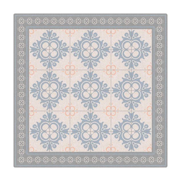 Cork mat - Floral Tiles Orange Blue Buds With Border - Square 1:1