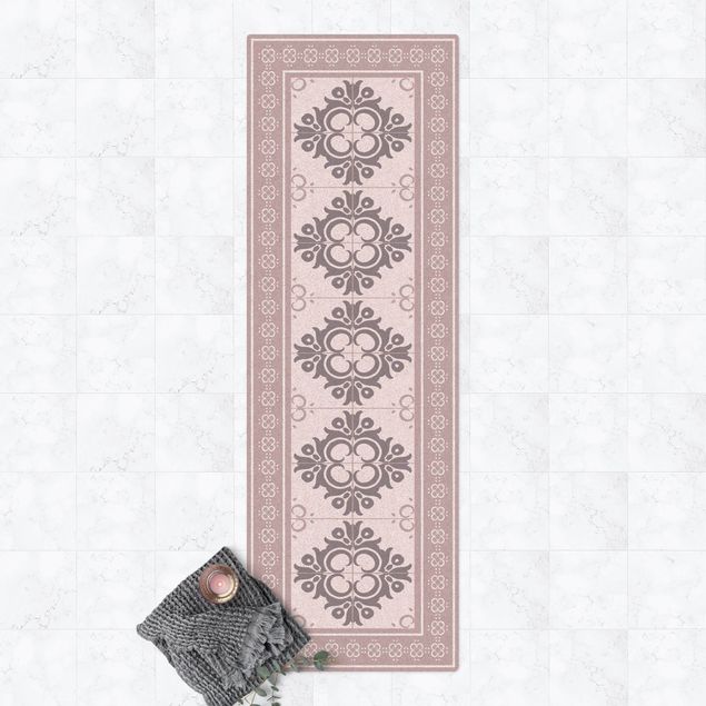 kitchen runner rugs Floral Tiles Warm Grey Colour Buds With Border