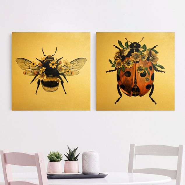 Print on canvas - Floral Illustration - Bumblebee And Ladybug
