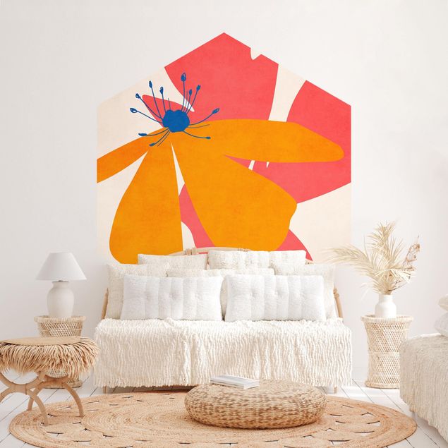 Self-adhesive hexagonal pattern wallpaper - Floral Beauty Pink And Orange