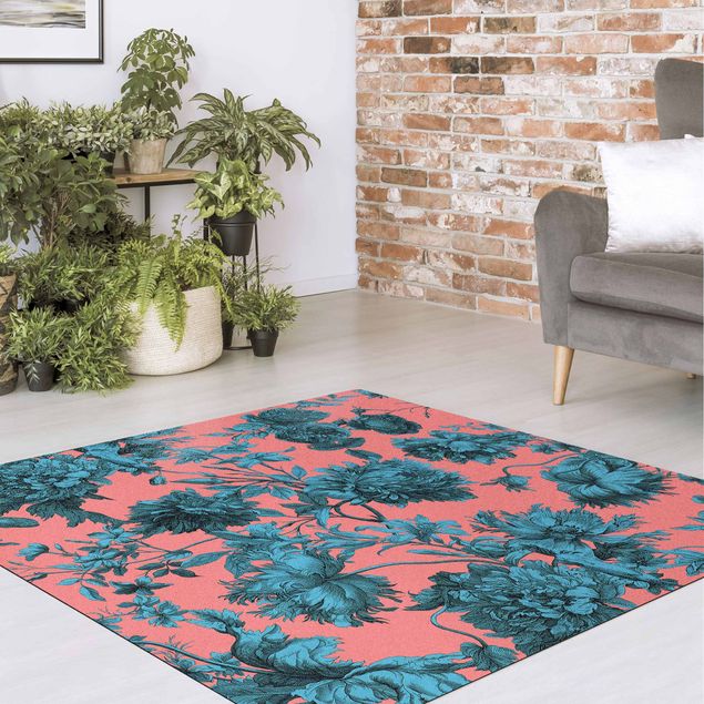 contemporary rugs Floral Copper Engraving Blue Coral