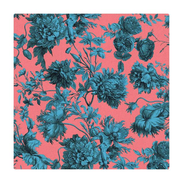 Dining room rugs Floral Copper Engraving Blue Coral