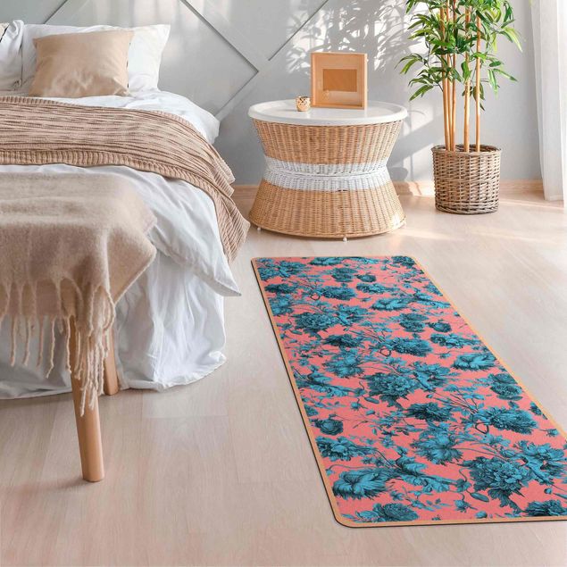 Flower Rugs Floral Copper Engraving Blue Coral