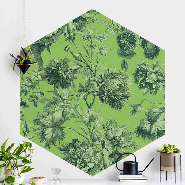 Self-adhesive hexagonal wall mural Floral Copper Engraving Spring Green