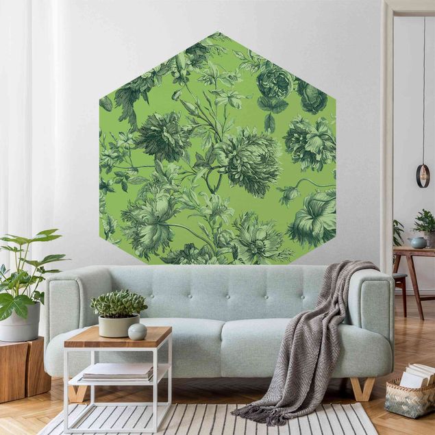 Self-adhesive hexagonal pattern wallpaper - Floral Copper Engraving Spring Green