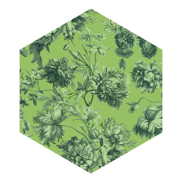 Self-adhesive hexagonal pattern wallpaper - Floral Copper Engraving Spring Green