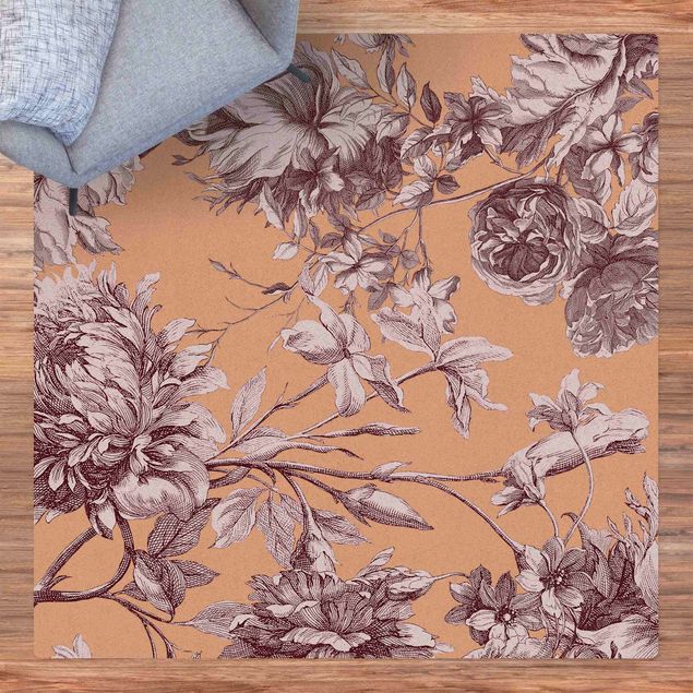 Runner rugs Floral Copper Engraving Mesh Antique Red