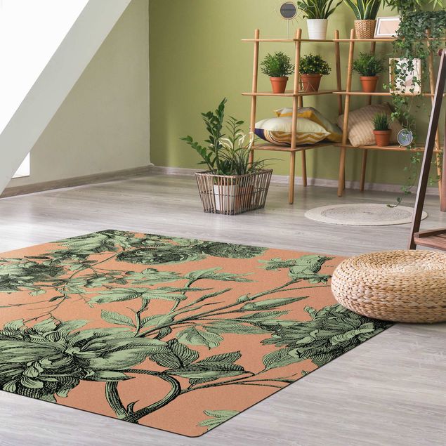Flower Rugs Floral Copper Engraving Mesh Moss Green