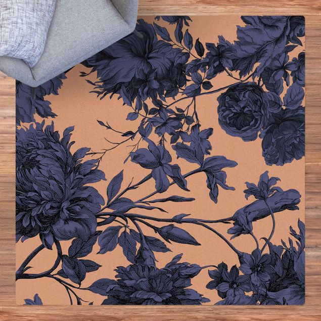 kitchen runner rugs Floral Copper Engraving Mesh Midnight Blue