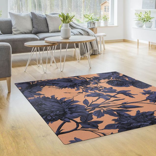 Floral rugs Floral Copper Engraving Mesh Midnight Blue
