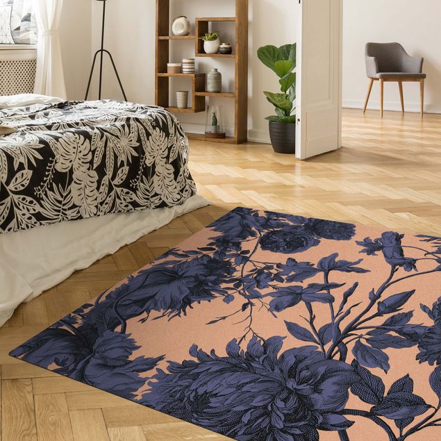 Flower Rugs Floral Copper Engraving Mesh Midnight Blue