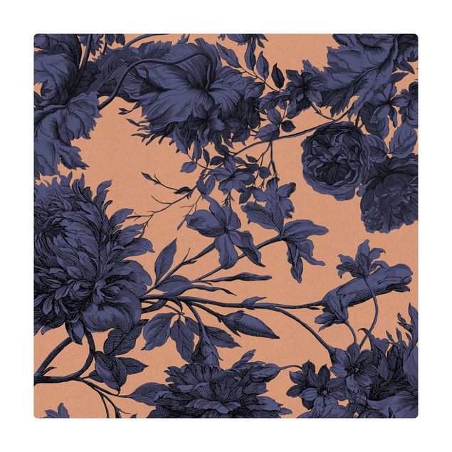 Dining room rugs Floral Copper Engraving Mesh Midnight Blue