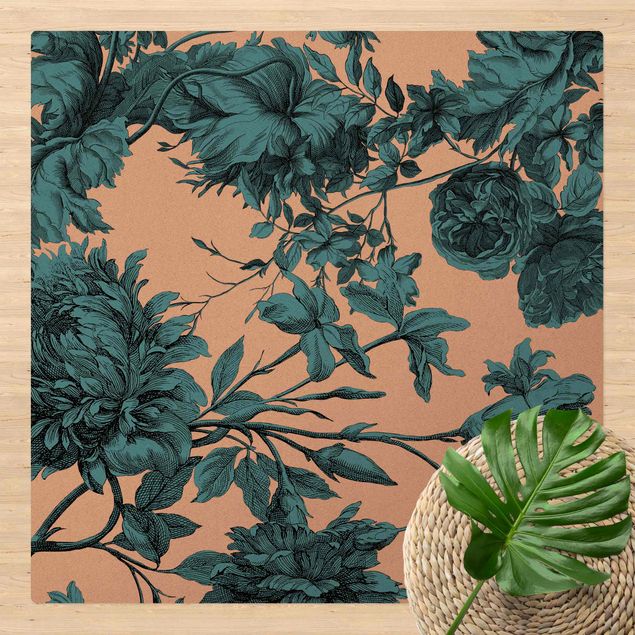 contemporary rugs Floral Copper Engraving Mesh Petrol