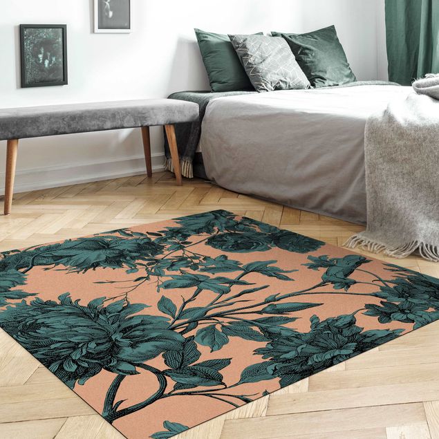 modern area rugs Floral Copper Engraving Mesh Petrol