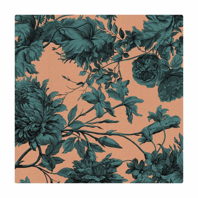 rug under dining table Floral Copper Engraving Mesh Petrol