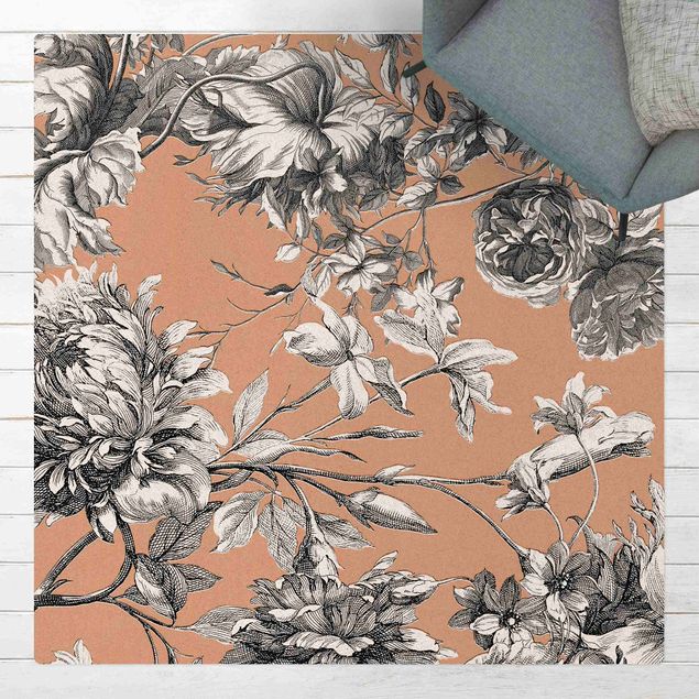 Runner rugs Floral Copper Engraving Mesh Black and White