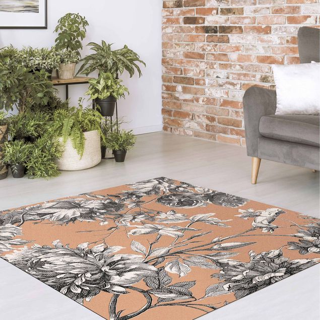Floral rugs Floral Copper Engraving Mesh Black and White