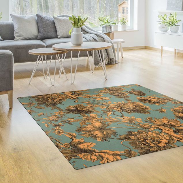 modern area rugs Floral Copper Engraving Golden Blue