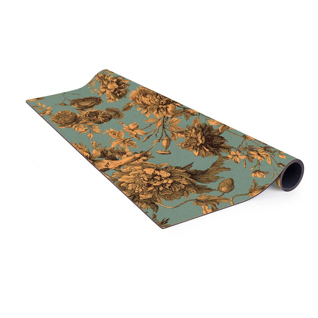 Green rugs Floral Copper Engraving Golden Blue