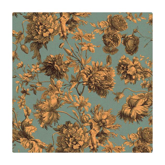 Dining room rugs Floral Copper Engraving Golden Blue