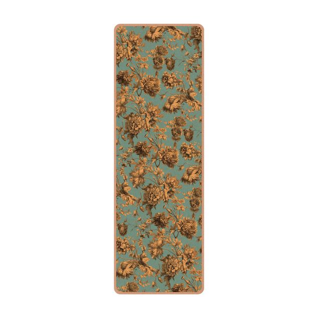 Yoga mat - Floral Copper Engraving Golden Blue