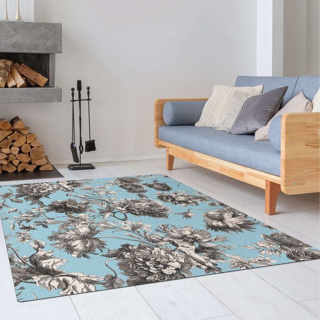 vintage area rugs Floral Copper Engraving Greyish Blue