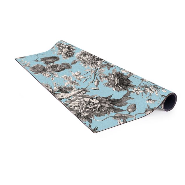 blue area rugs Floral Copper Engraving Greyish Blue