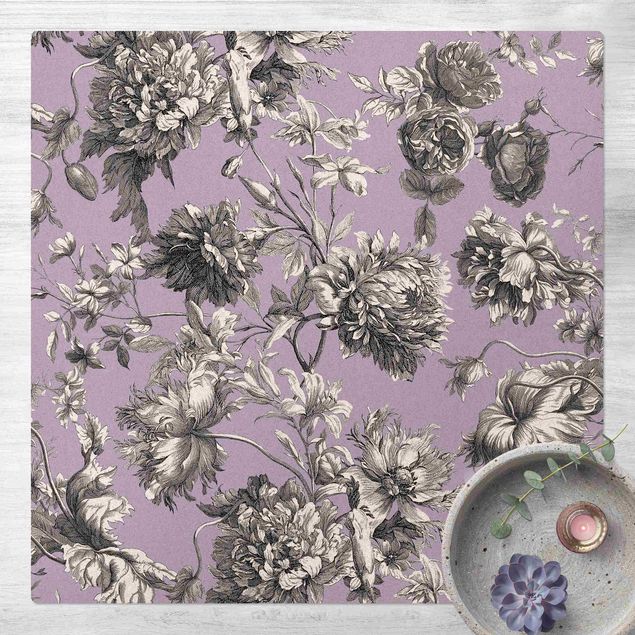 kitchen runner rugs Floral Copper Engraving Greyish Lilac