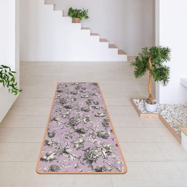 vintage runner rug Floral Copper Engraving Greyish Lilac