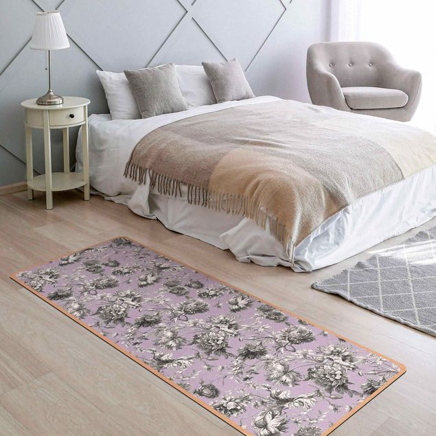 Flower Rugs Floral Copper Engraving Greyish Lilac