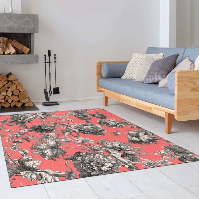 Flower Rugs Floral Copper Engraving Greyish Coral