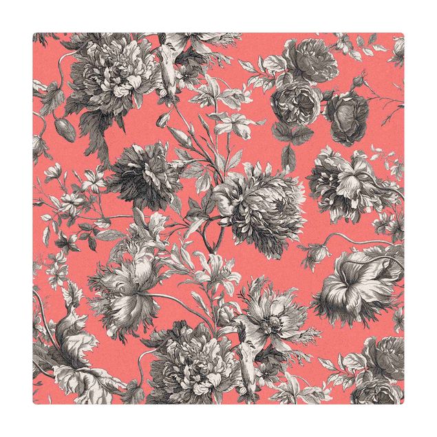 large floor mat Floral Copper Engraving Greyish Coral