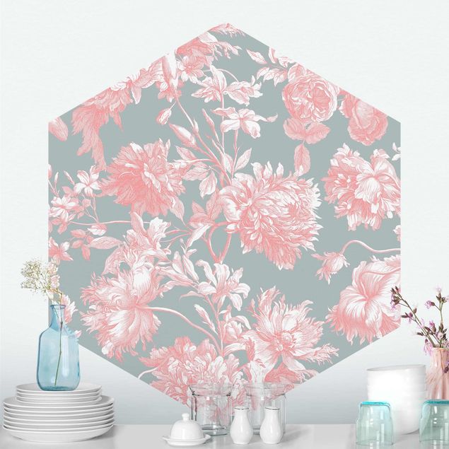 Wallpapers Floral Copper Engraving Pink Grey