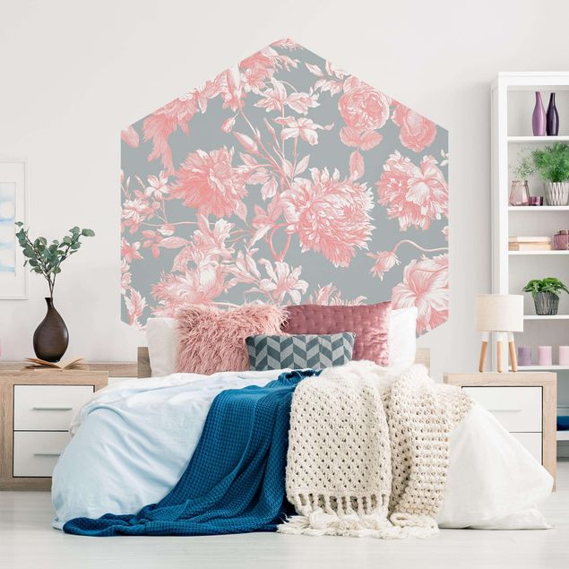 Self-adhesive hexagonal pattern wallpaper - Floral Copper Engraving Pink Grey
