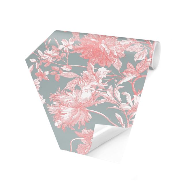 Self-adhesive hexagonal pattern wallpaper - Floral Copper Engraving Pink Grey