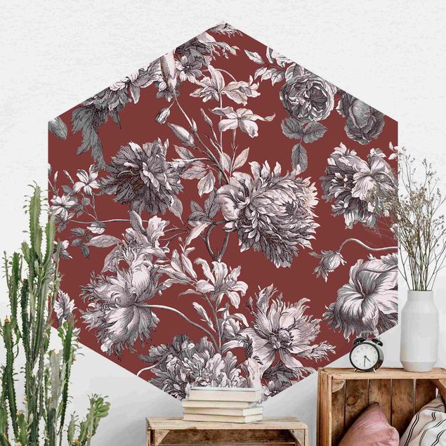 Hexagonal wallpapers Floral Copper Engraving Reddish Brown