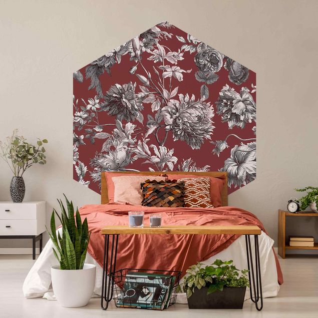 Self-adhesive hexagonal pattern wallpaper - Floral Copper Engraving Reddish Brown