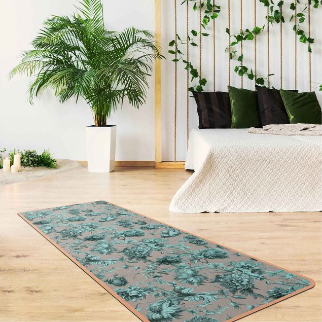 Floral rugs Floral Copper Engraving Turquoise Grey