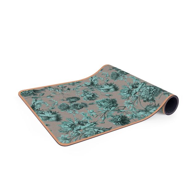 Nature rugs Floral Copper Engraving Turquoise Grey