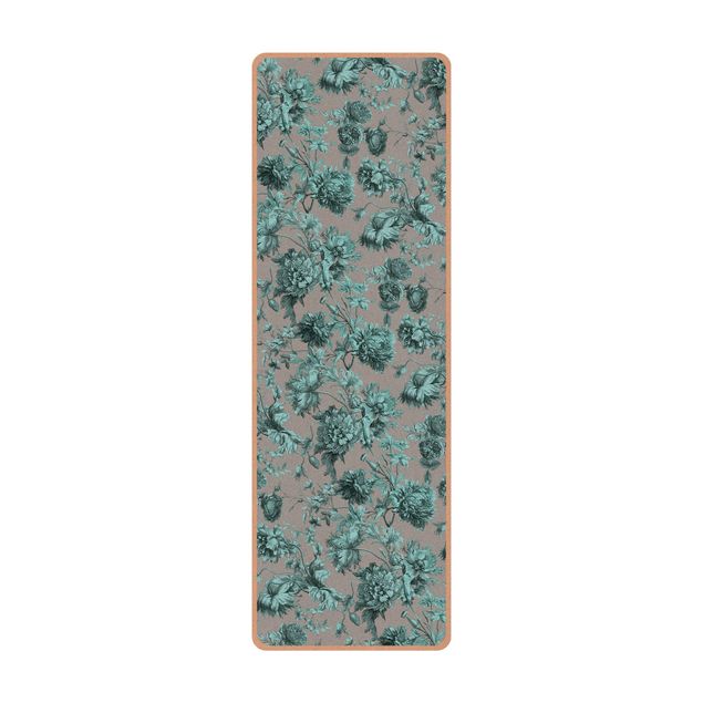 Yoga mat - Floral Copper Engraving Turquoise Grey